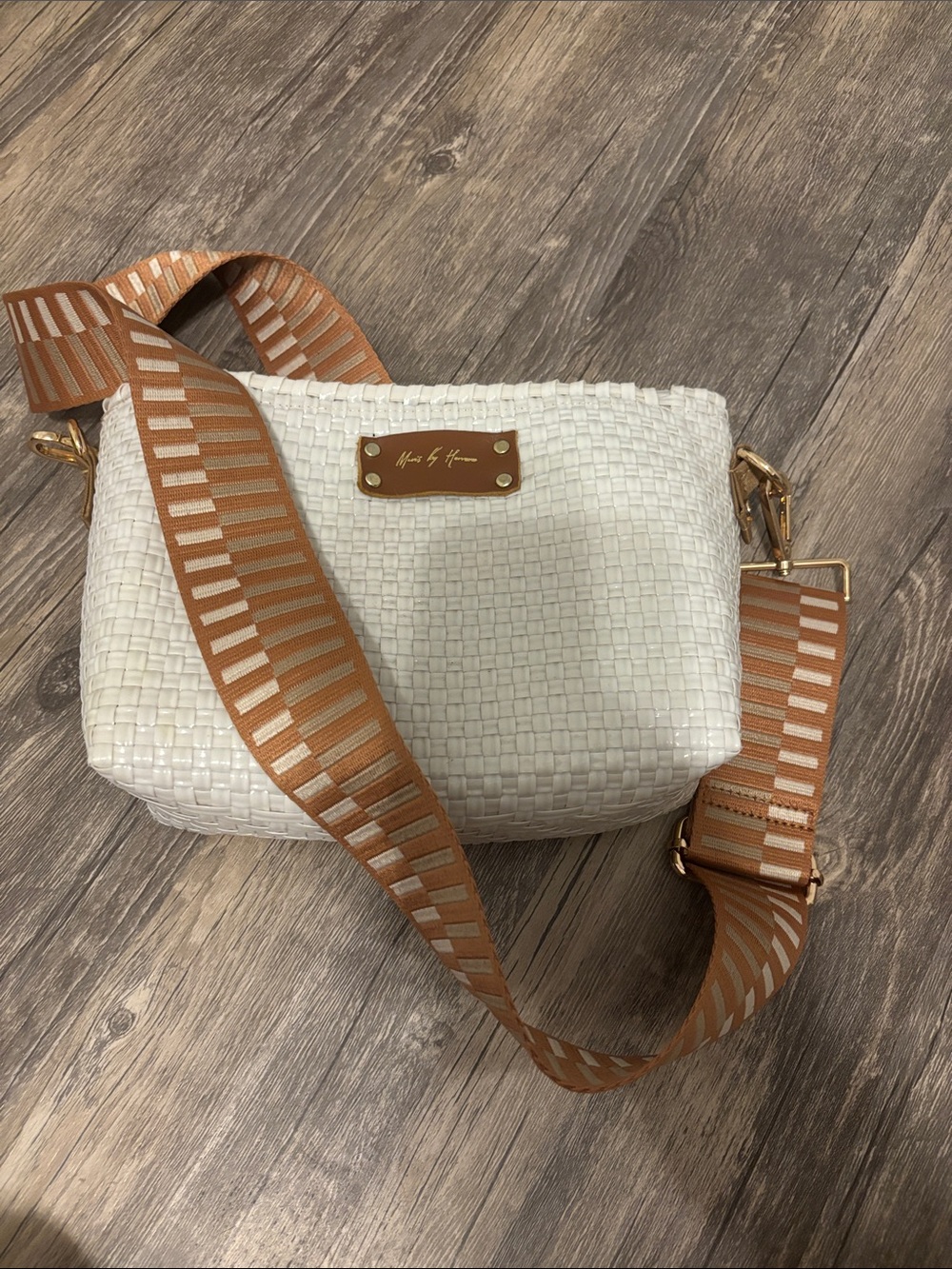 Woven White Crossbody Bag with Tan Contrast Strap